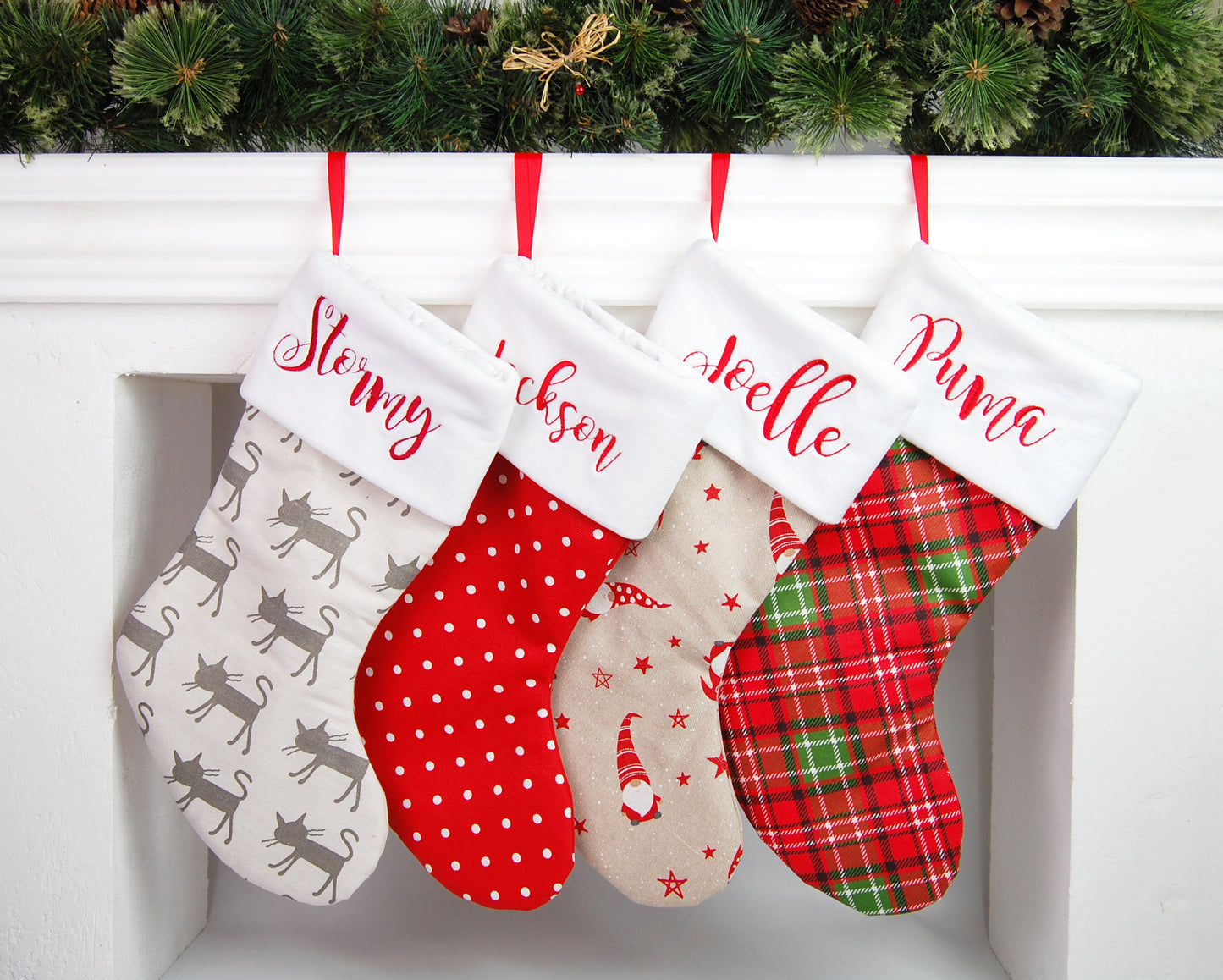 Red Polka Dots Christmas Stocking Personalized with Name and paws (Dots)