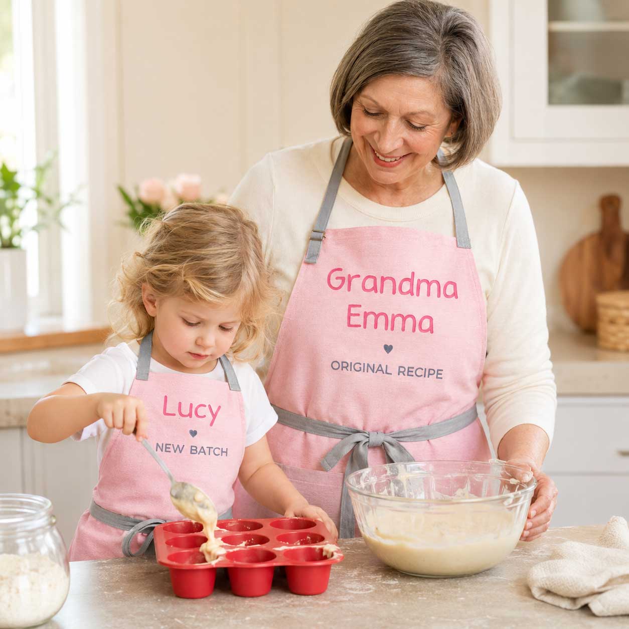 Matching Aprons — Personalized Grandma Gift Apron Set, Custom Embroidered Nana Gigi Mimi, Christmas Mother's Day Grandparents Day Birthday