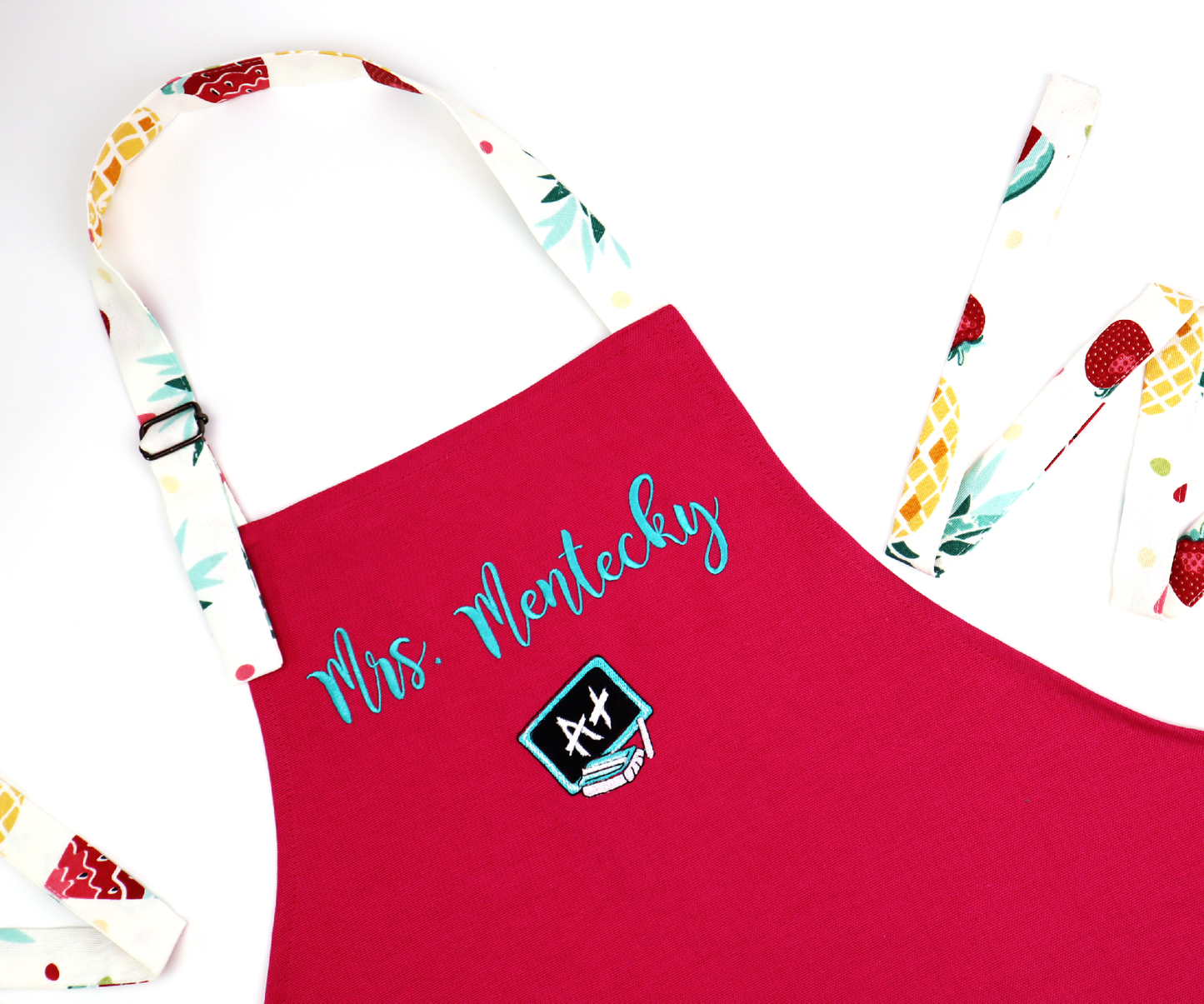 Personalized girl apron with friuts, kitchen apron wit pocket (hot pink)