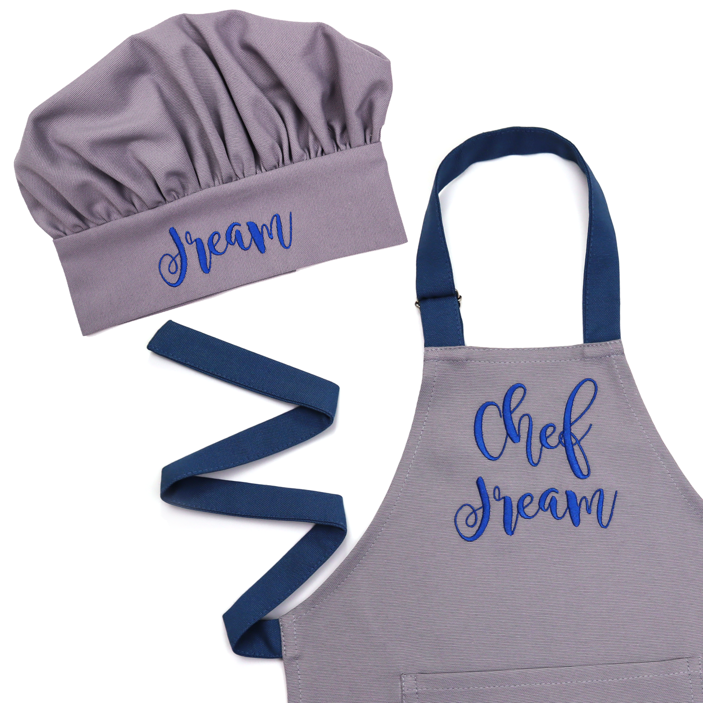 Personalized Toddler Apron and Chef Hat Set – Gray Embroidered Cooking Gift for Boys