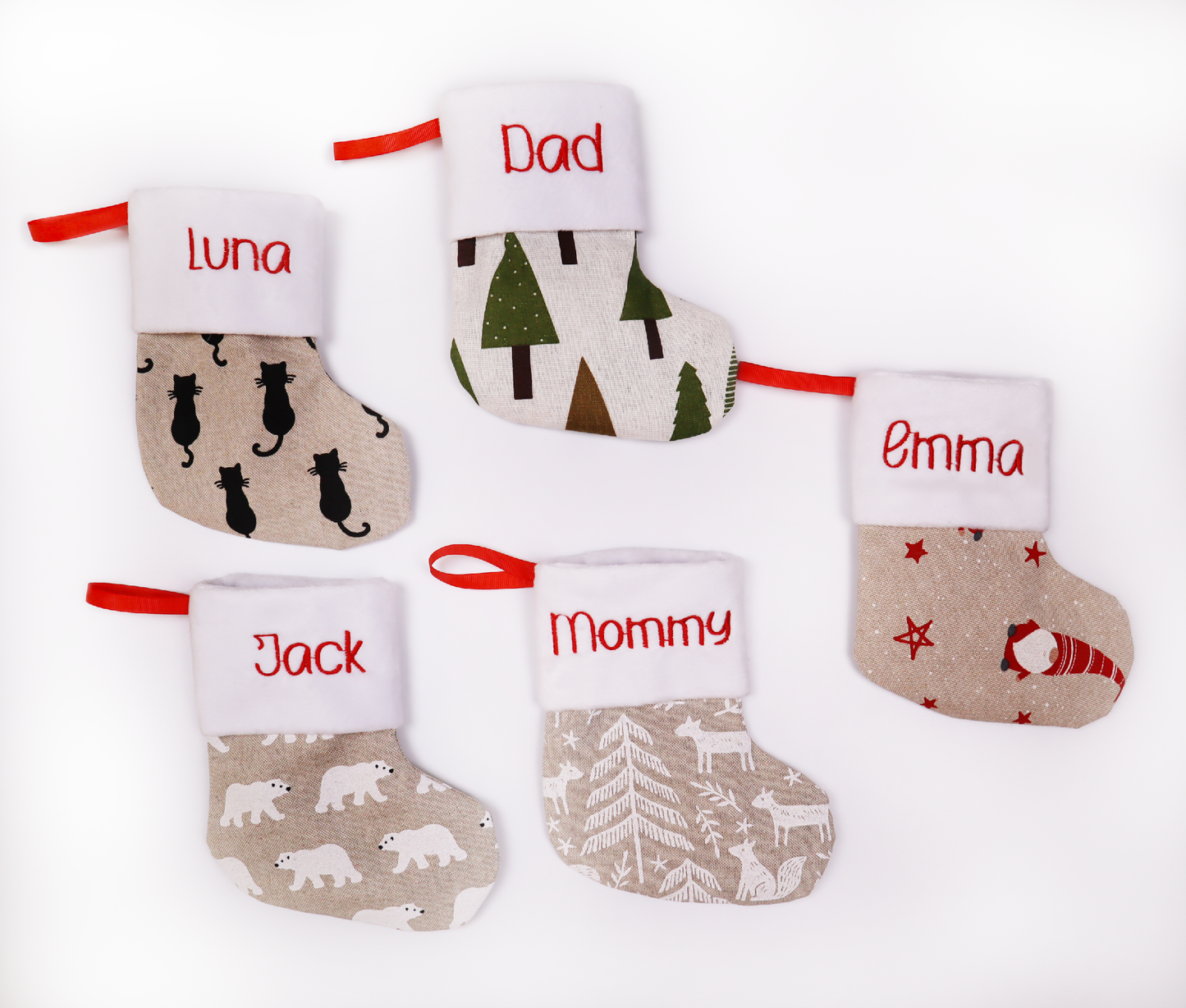 Embroidered Christmas stocking custom name initials (trees on linen)