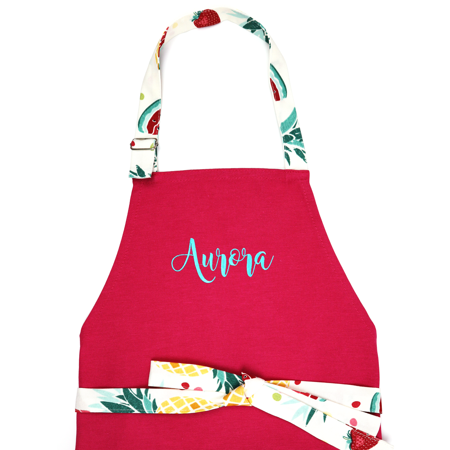 Personalized girl apron with friuts, kitchen apron wit pocket (hot pink)