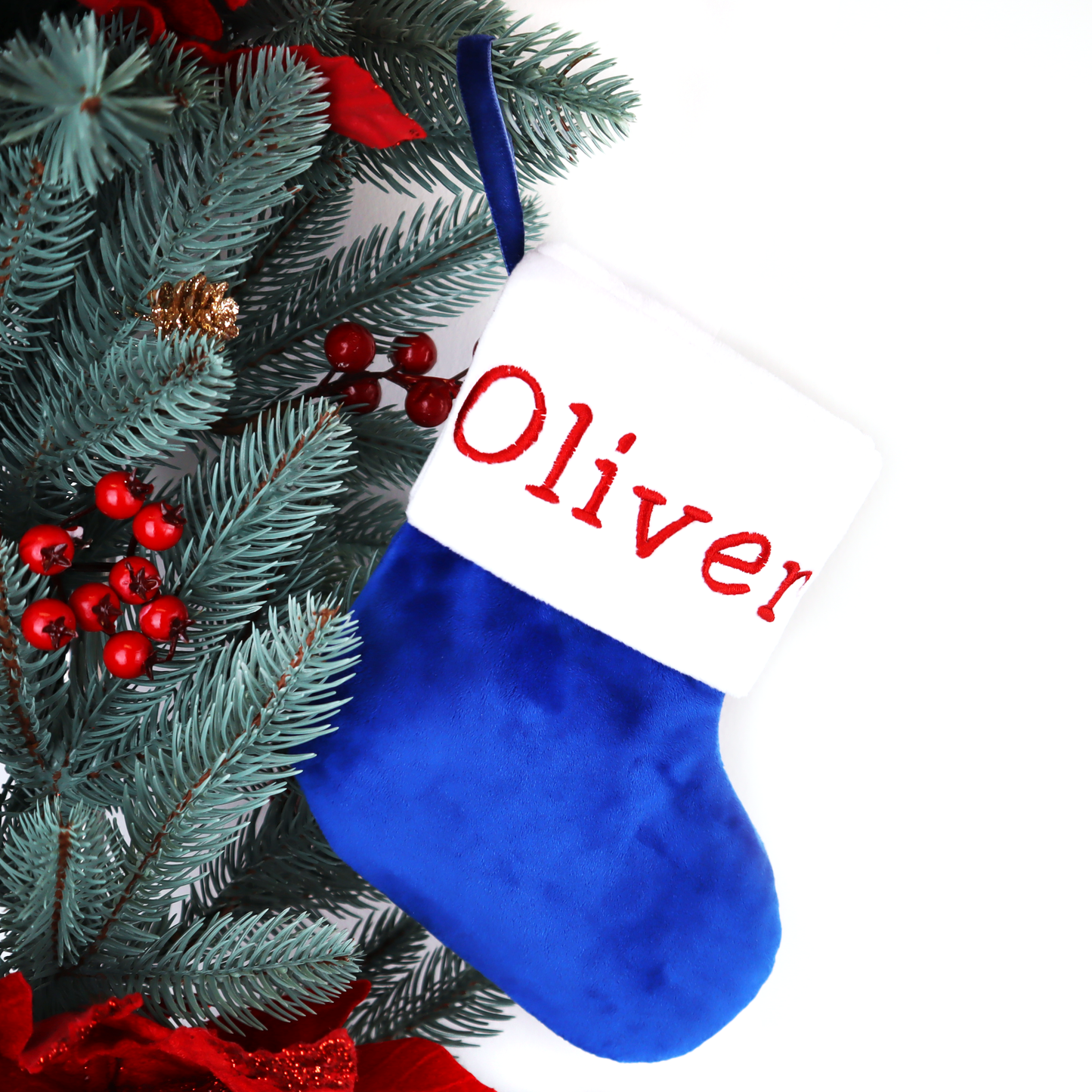 Dog Christmas stocking personalized embroidered for whole Family (royal blue)