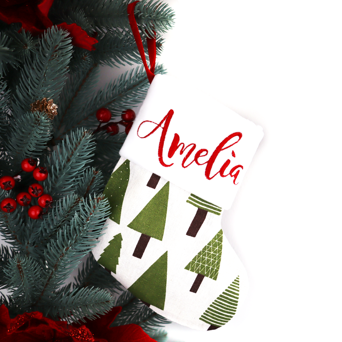 Embroidered Christmas stocking custom name initials (trees on linen)