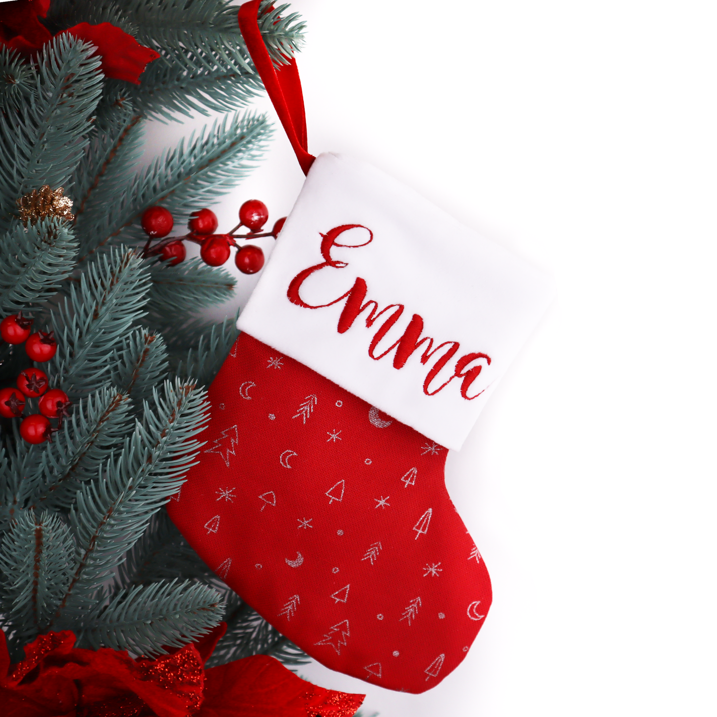 Red linen Christmas stocking for baby, family and pets (trees on red)