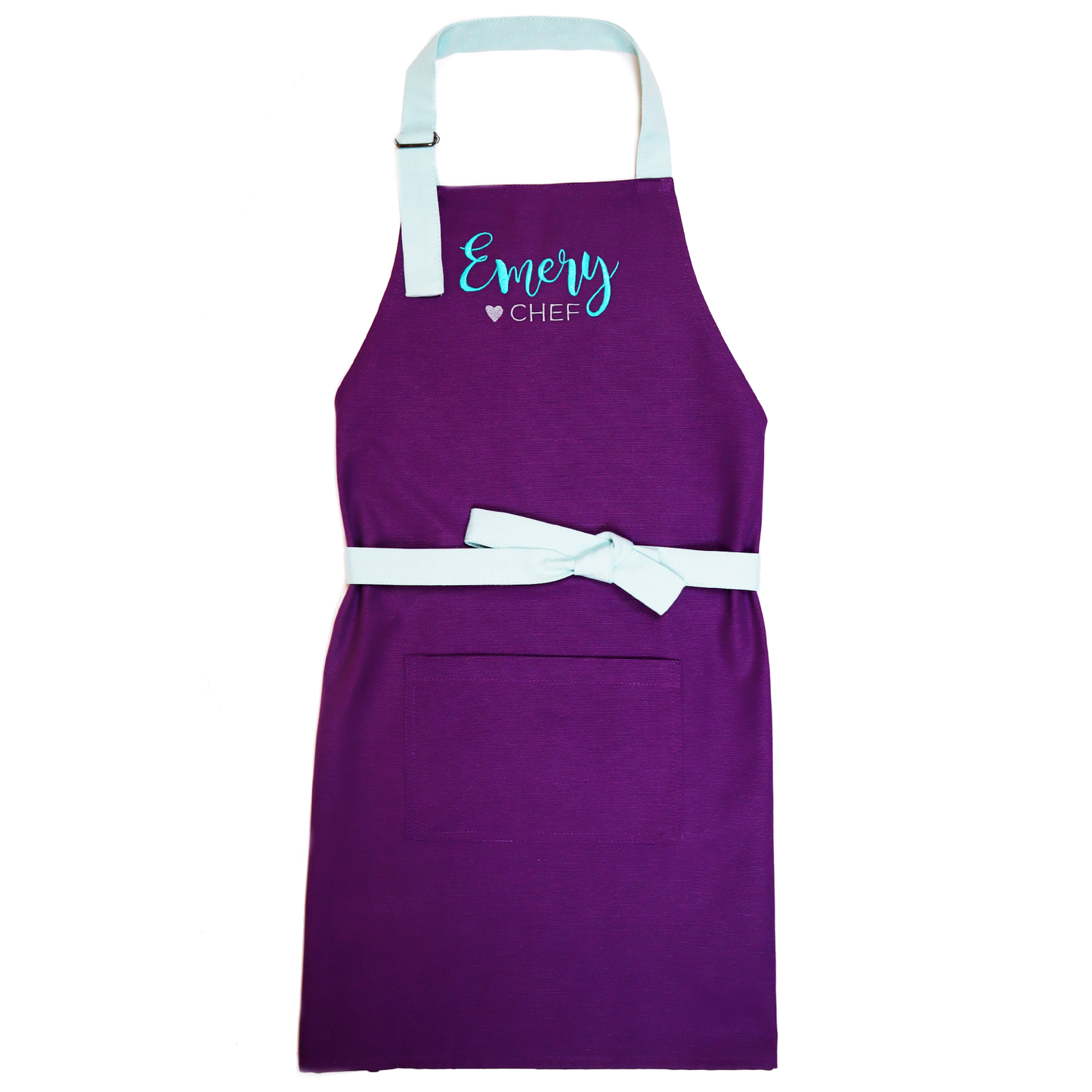 Personalized Kids Apron & Chef Hat Set – Purple with Aqua Straps and Embroidered Name