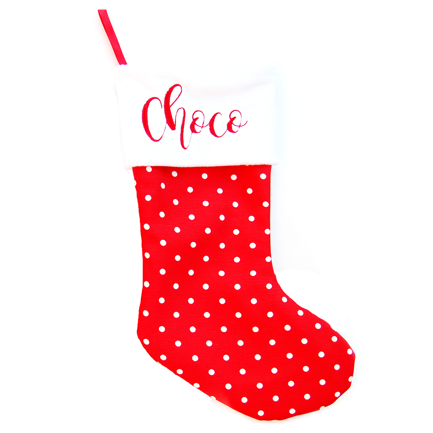 Red Polka Dots Christmas Stocking Personalized with Name and paws (Dots)