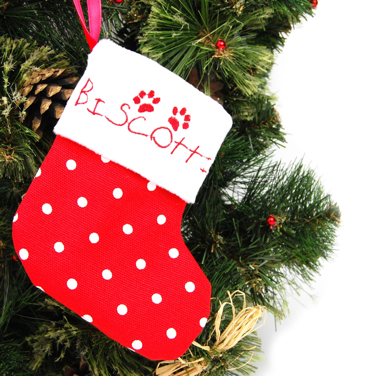 Personalized christmas stocking small (red polka dots)