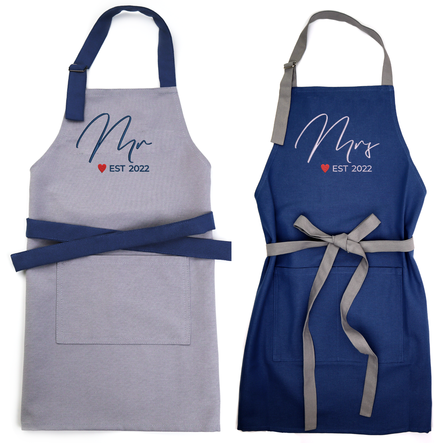 Personalized Wedding Apron Set for Couple — Bride and Groom Aprons with Name and Date