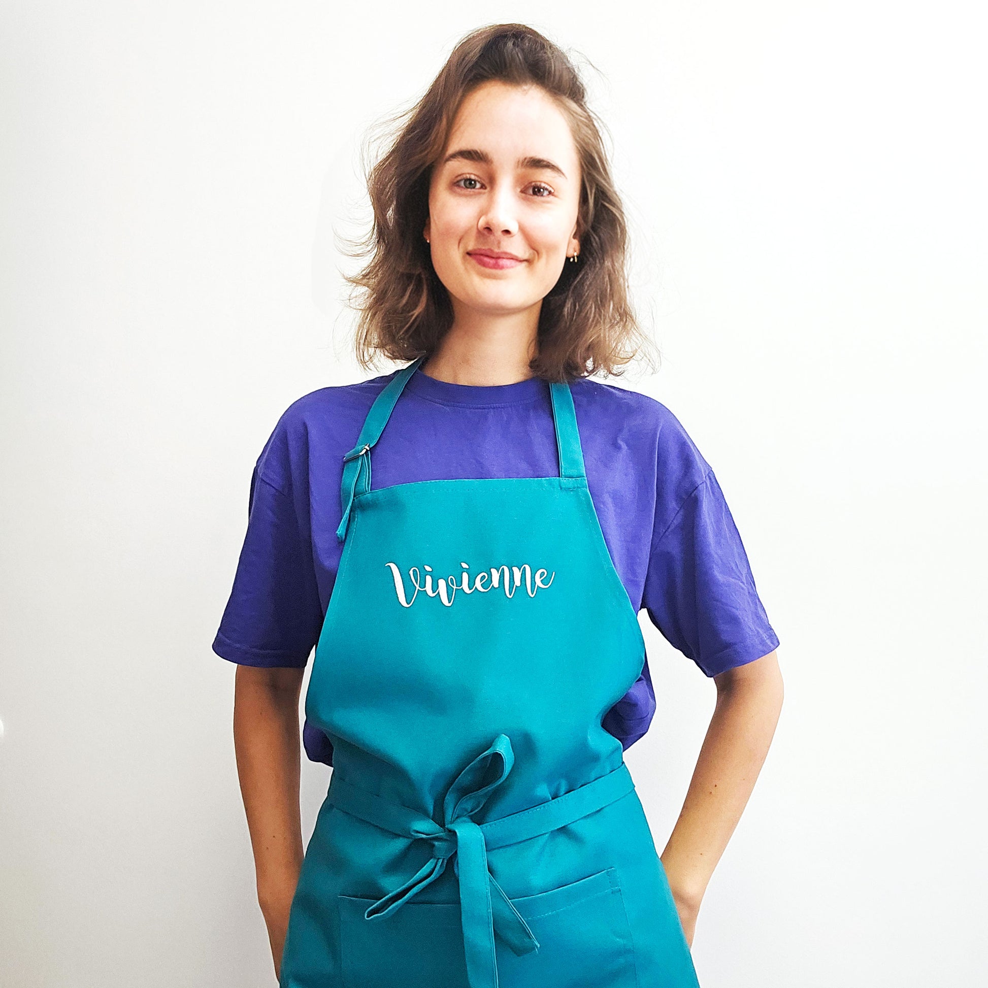 Custom embroidered teal apron for tween or teen girl – 'Chef in Training'