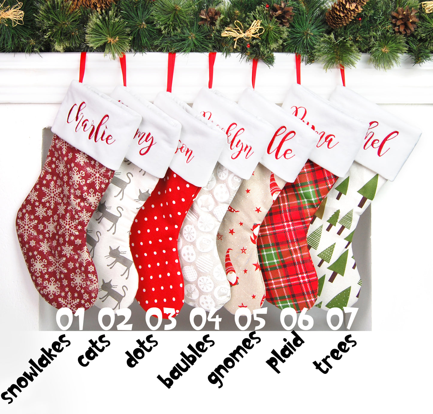 Personalized Christmas Stocking Burgundy with name or initials (Snowflakes)