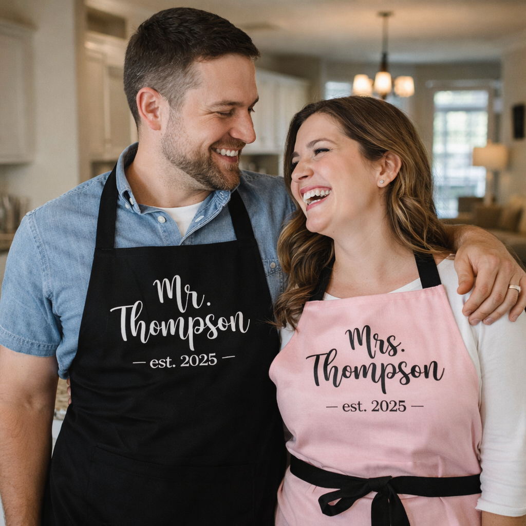 Man and woman wearing personalized MR and MRS aprons in a kitchen