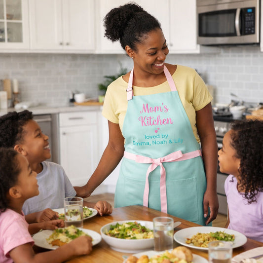 Woman in a 'Mom's Kitchen' apron with children around a table in a kitchen.