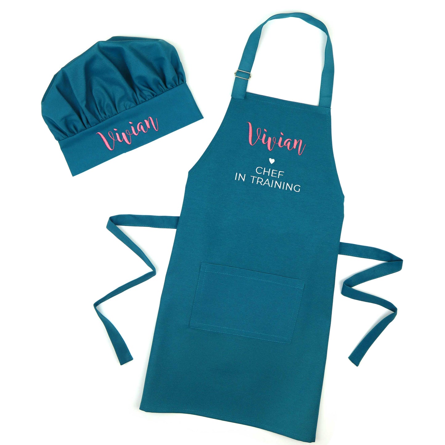Personalized Turquoise Apron & Chef Hat Set for Kids — Custom Name Embroidered