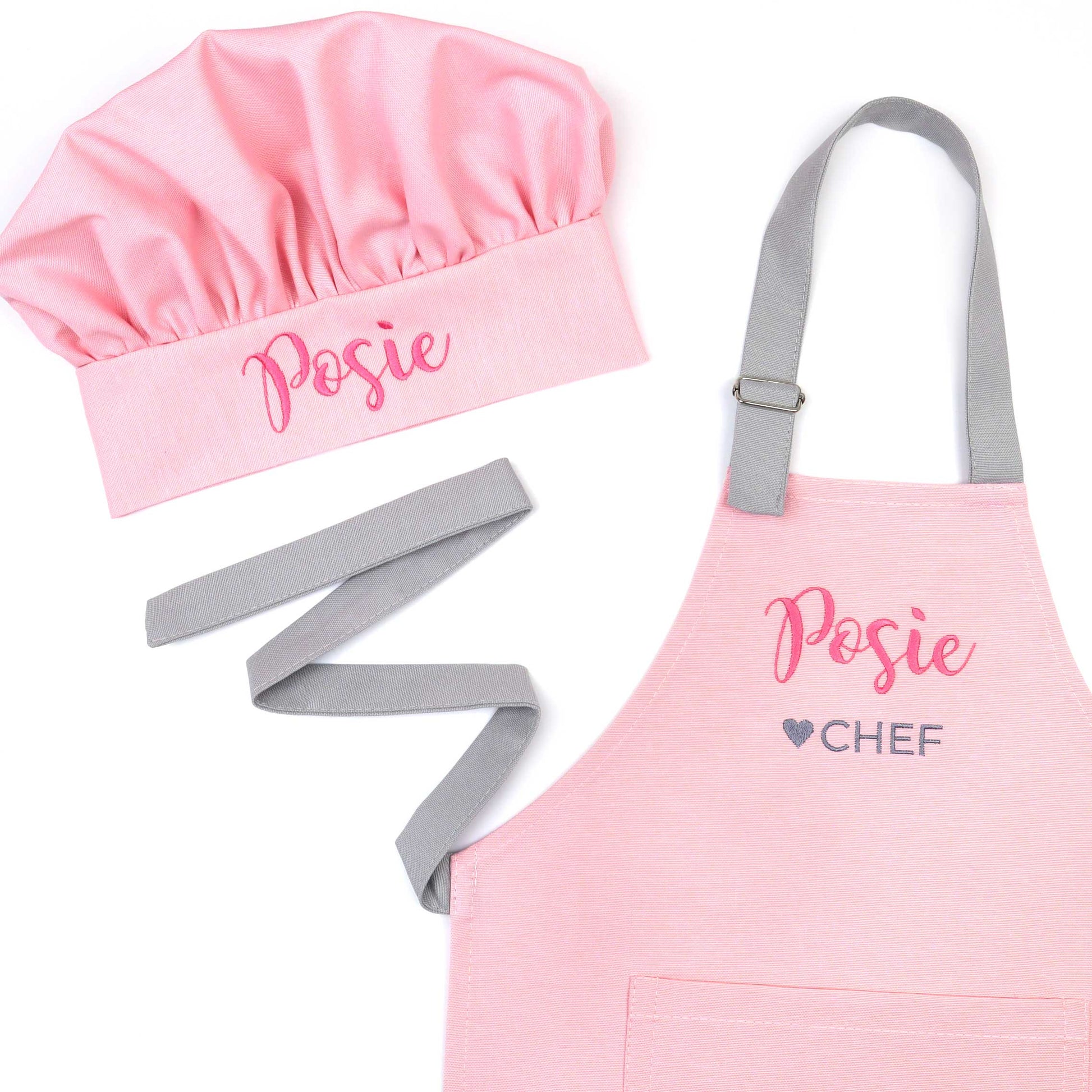cute pink personalized apron and chef hat set for kid with embroidered name and chef