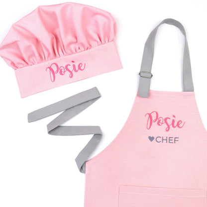 cute pink personalized apron and chef hat set for kid with embroidered name and chef