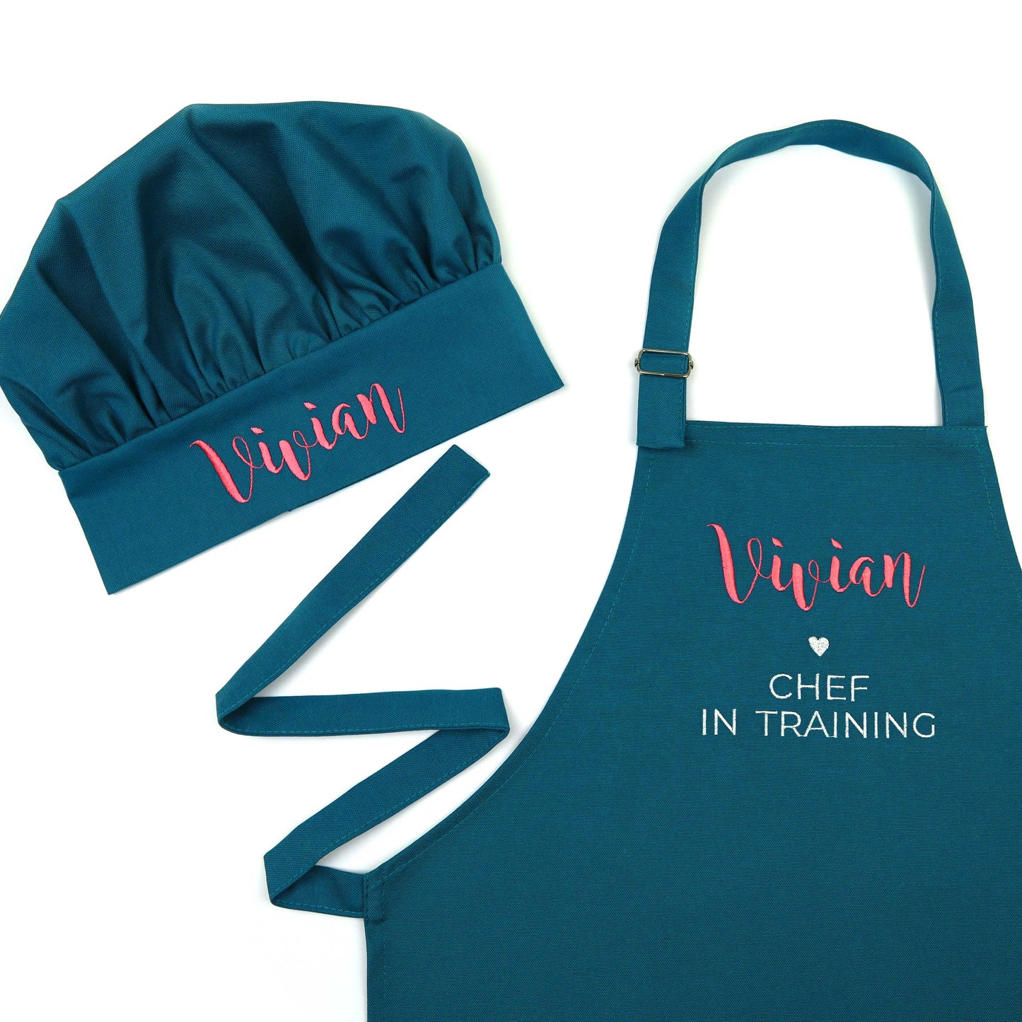 Personalized Turquoise Apron & Chef Hat Set for Kids — Custom Name Embroidered