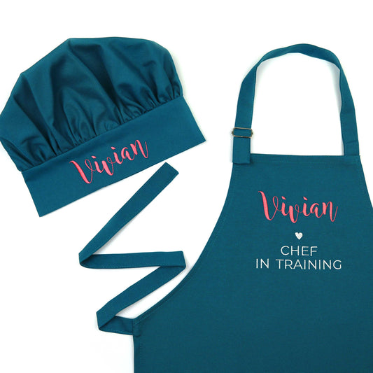 Personalized Turquoise Apron & Chef Hat Set for Kids — Custom Name Embroidered