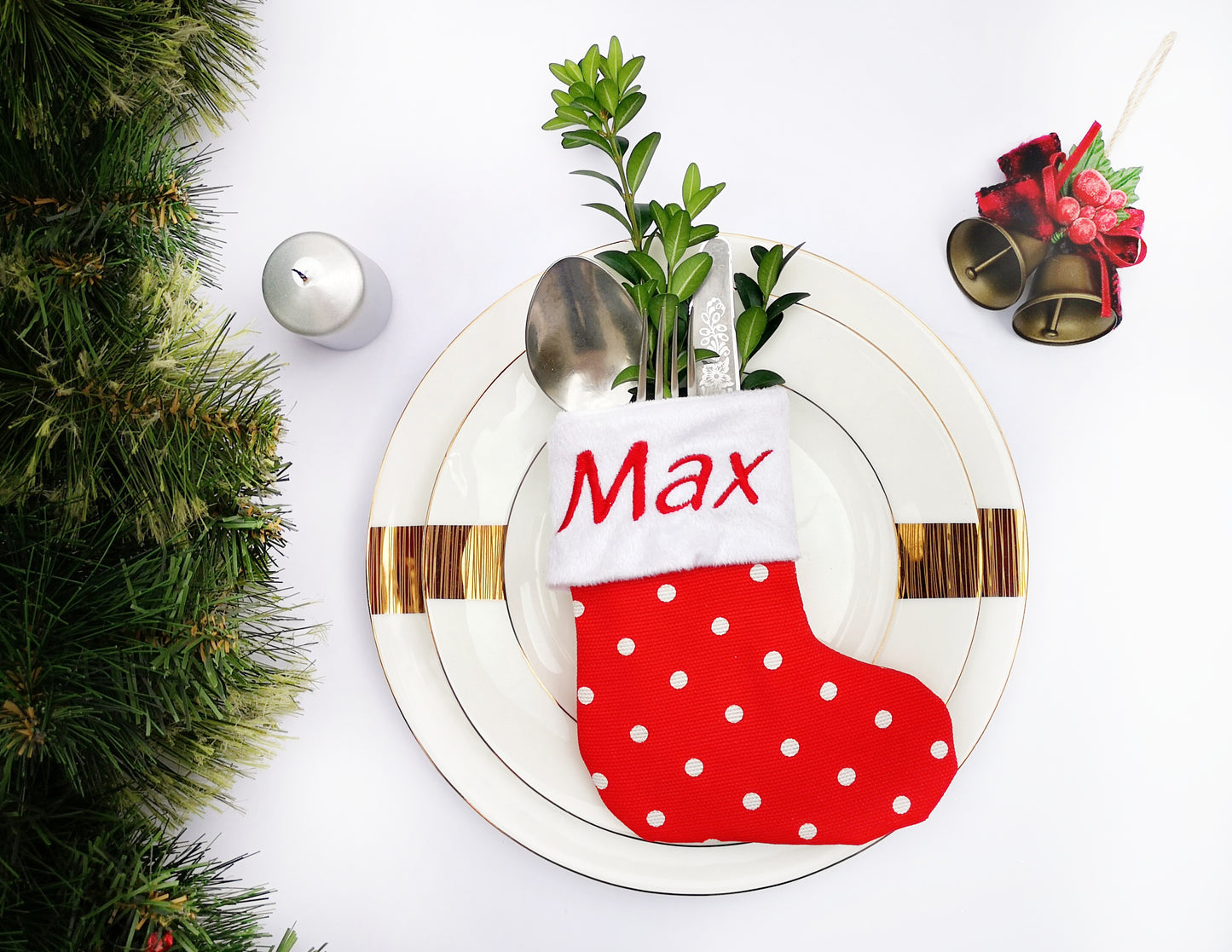 Personalized christmas stocking small (red polka dots)