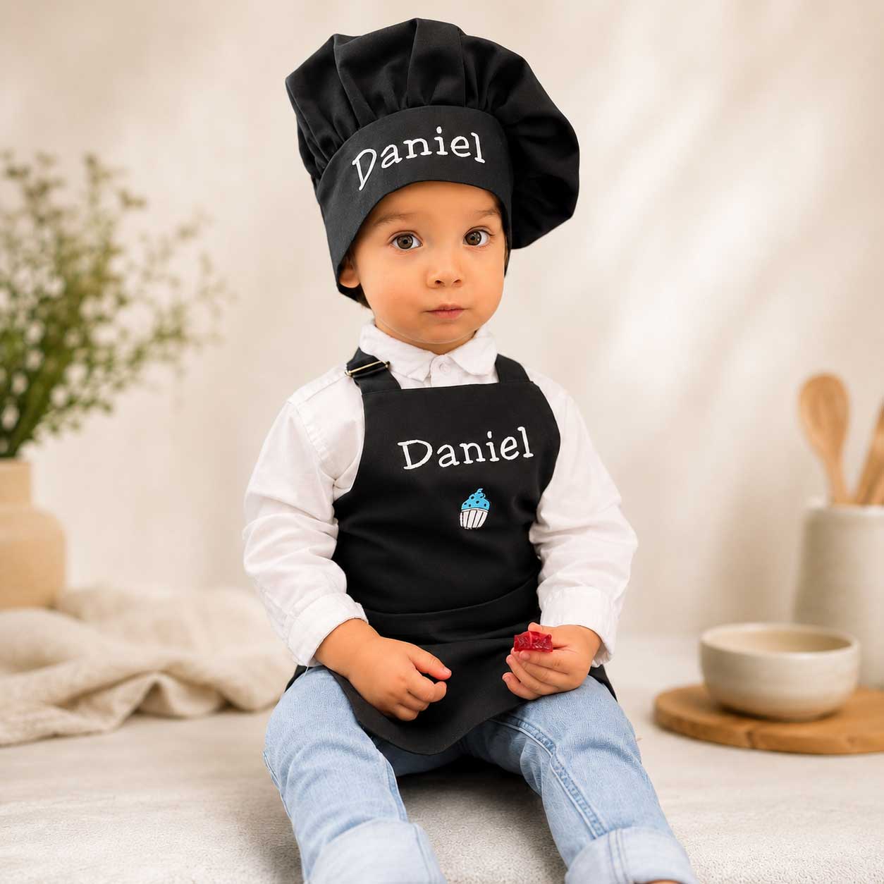 A toddler wearing a black chef hat and matching black apron with the name 'Daniel' embroidered in white, sitting in a softly styled kitchen-like setting.