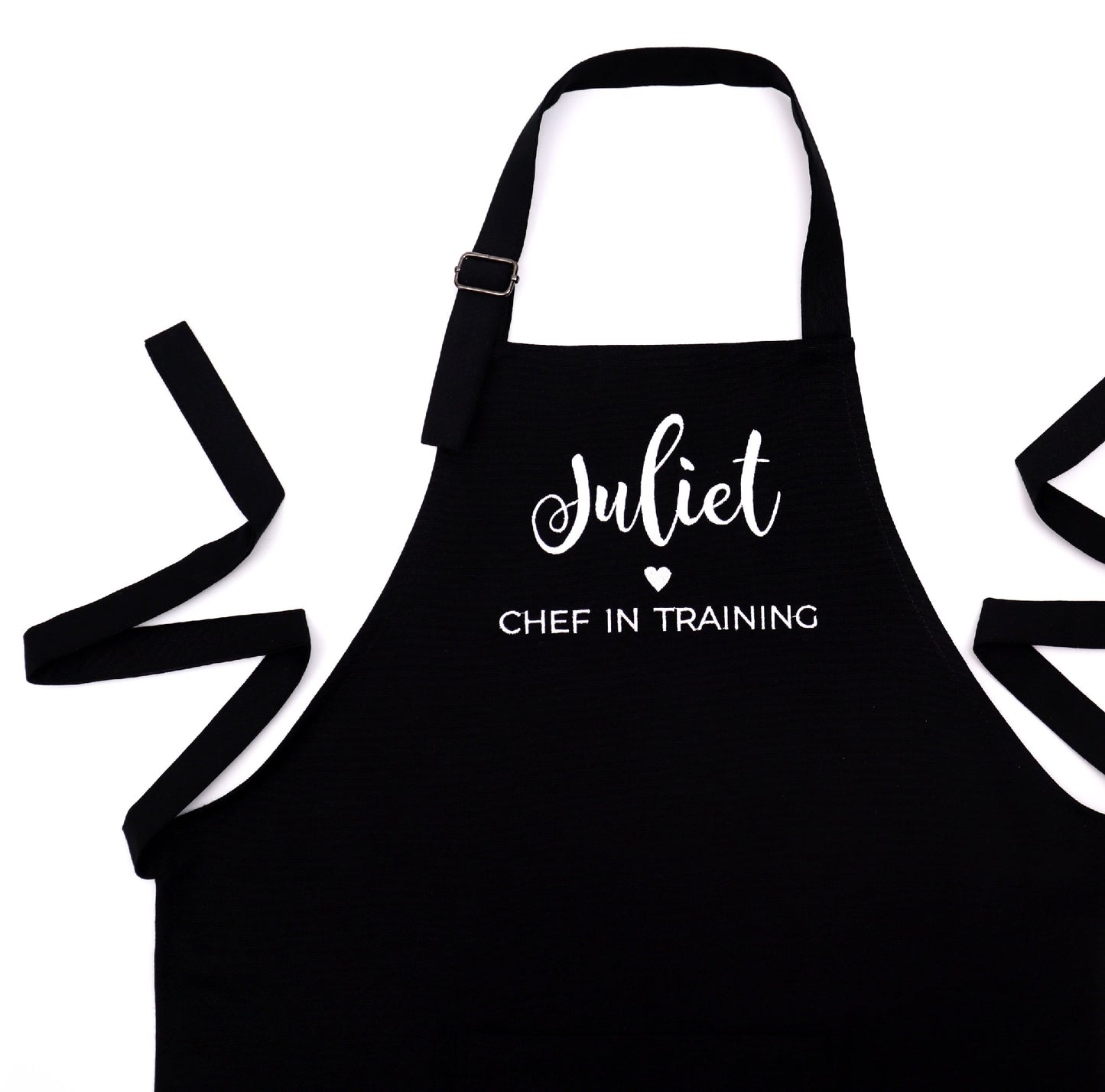 Personalized black apron for boys with embroidered name and 'Chef in Training' design"
