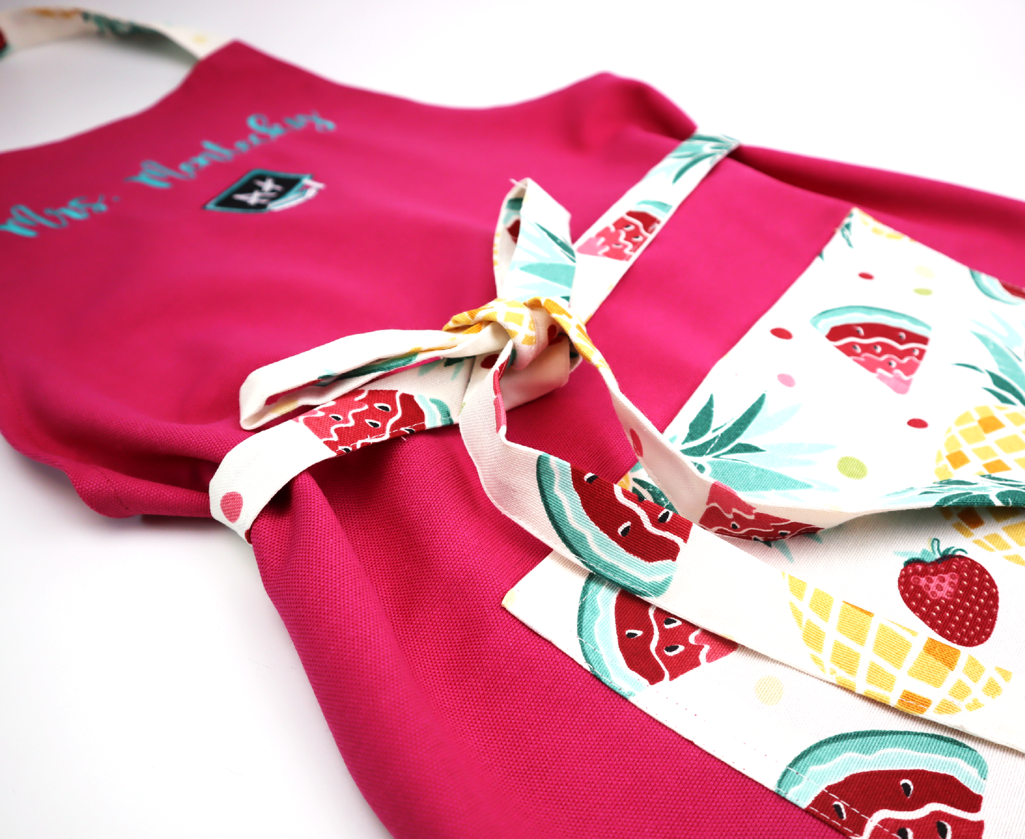 Personalized girl apron with friuts, kitchen apron wit pocket (hot pink)