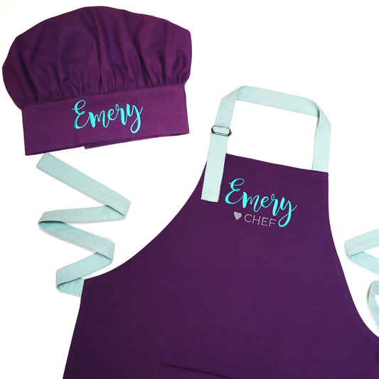 Purple kids apron and chef hat set with aqua straps – personalized with embroidered name and CHEF title