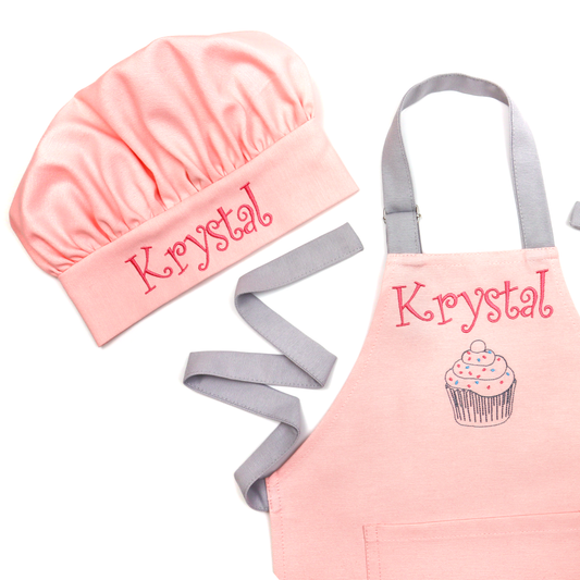 Light pink apron with pockets and grey ties Chef hat set Personalized (pink)