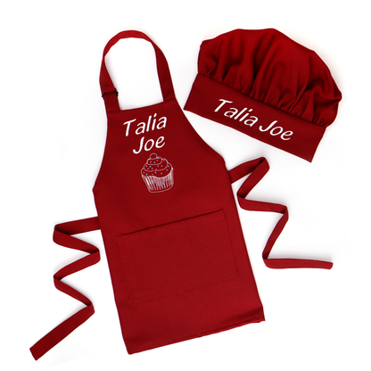 Personalized dark red apron and chef hat set embroidered with the name "Talia Joe"