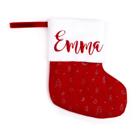 Red linen Christmas stocking for baby, family and pets (trees on red)