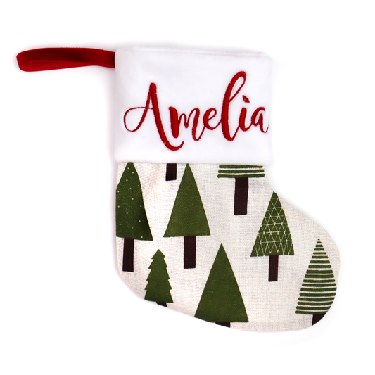Embroidered Christmas stocking custom name initials (trees on linen)