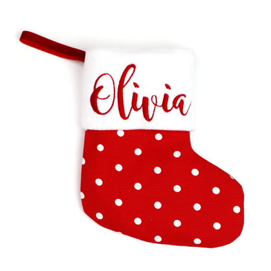 Personalized christmas stocking small (red polka dots)