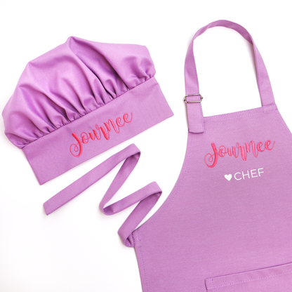 Personalized lavender apron and chef hat set, embroidered "Journee ♥ Chef"