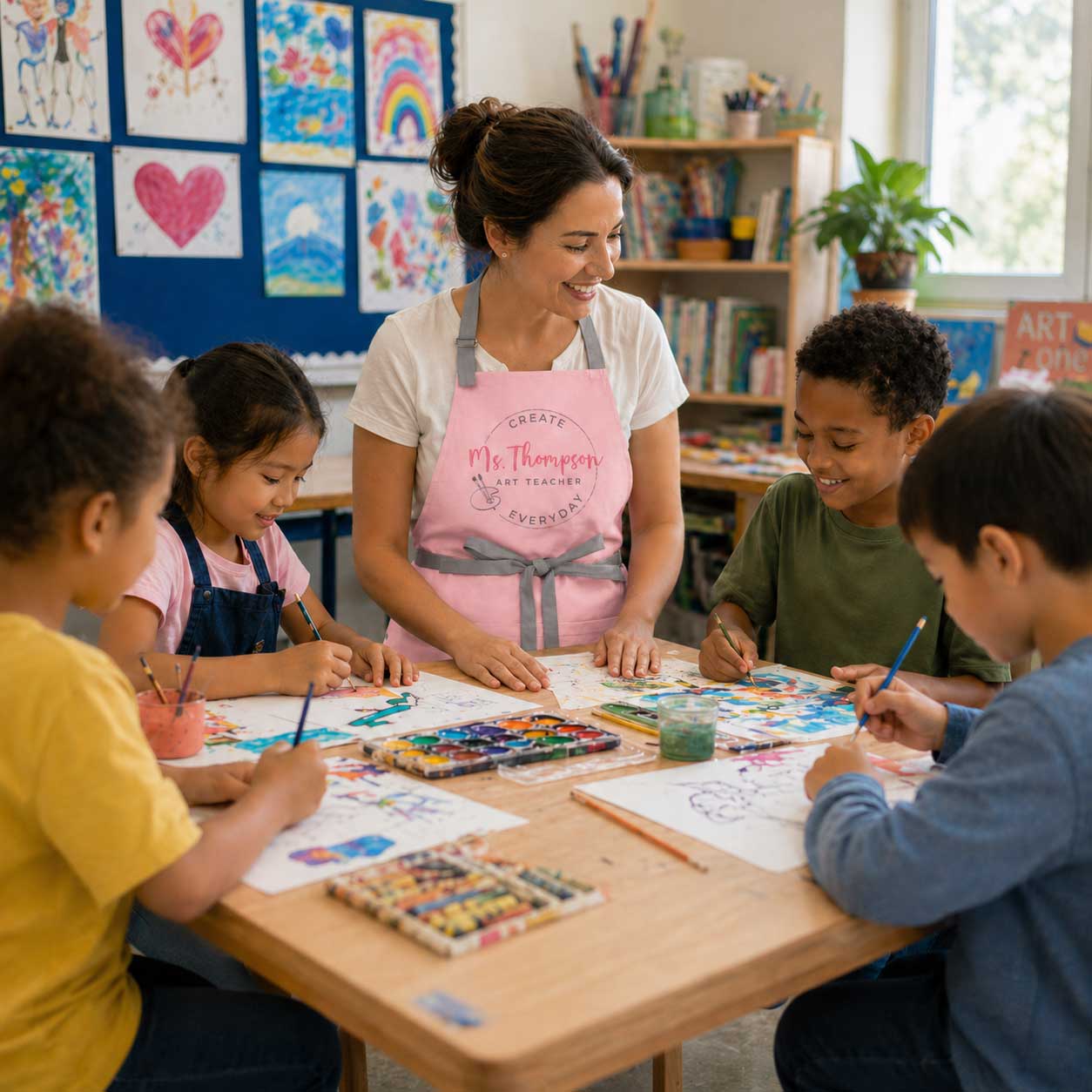 Smiling brunette art teacher in personalized pink apron embroidered with Ms Thompson Art Teacher leaning over wooden classroom table helping four diverse young students paint with watercolors, surrounded by colorful kids artwork on blue bulletin board