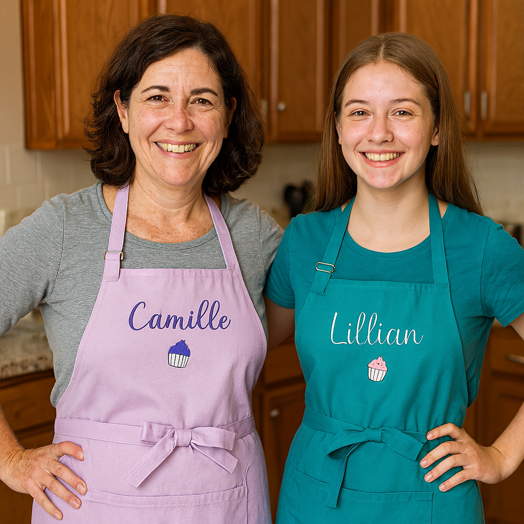 Two women wearing matching family aprons with personalized names in a kitchen setting