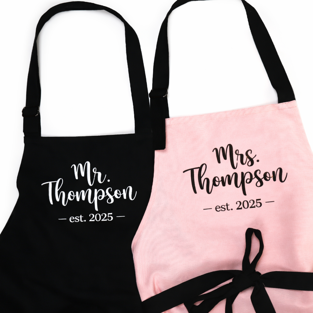 His and Hers Matching Aprons — Personalized Mr and Mrs Apron Set