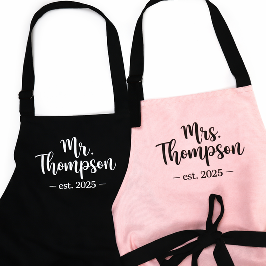His and Hers Matching Aprons — Personalized Mr and Mrs Apron Set
