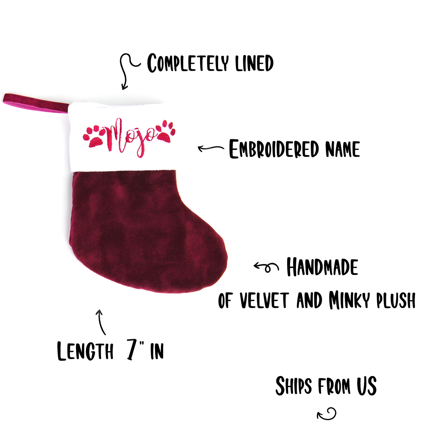 Small christmas stockings with initials or custom name Personalized (burgundy)