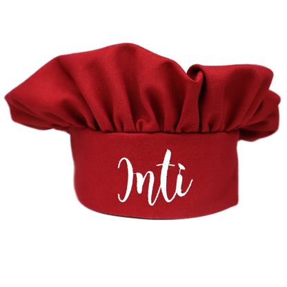 Personalized dark red chef hat embroidered with the name "Inti" in white cursive