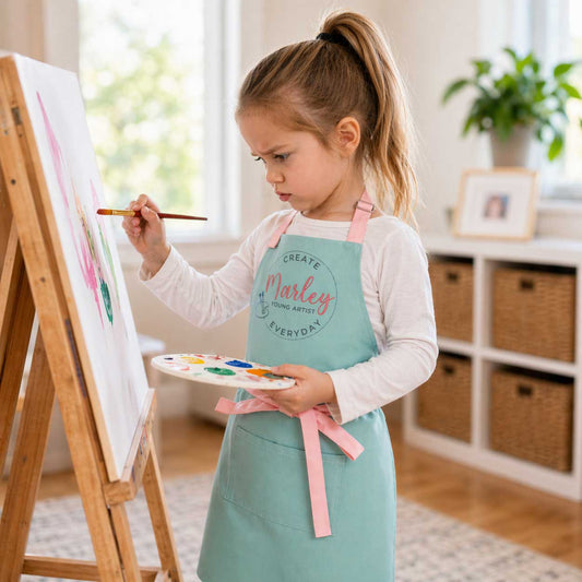 Young girl in personalized mint green art apron with embroidered name painting on a canvas at a wooden easel, holding a paint palette with colorful paints in a bright home art studio