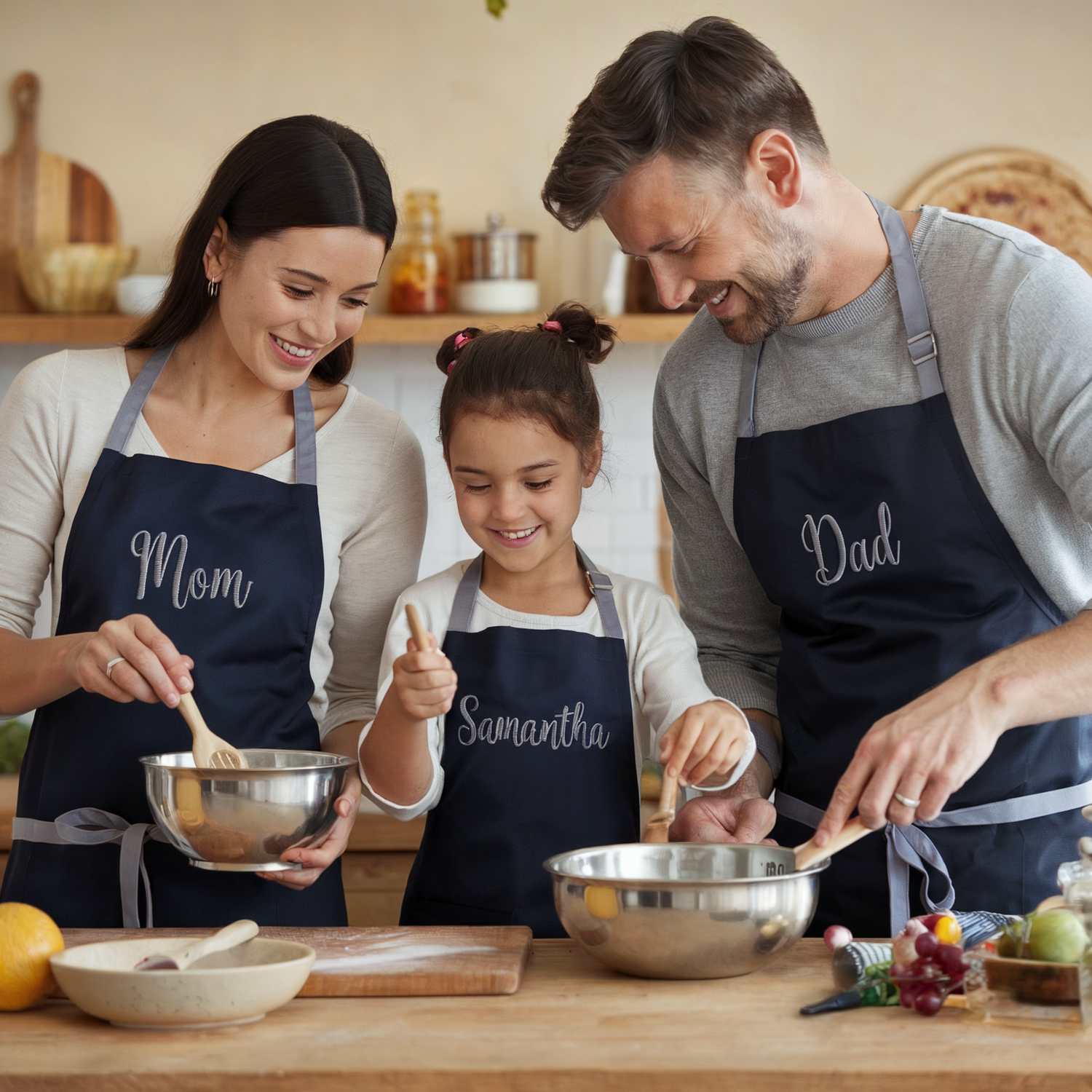 mom daddy and daughter cooking together custom kitchen aprons