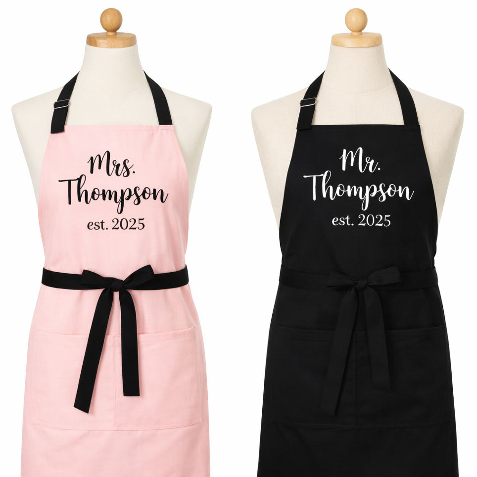 His and Hers Matching Aprons — Personalized Mr and Mrs Apron Set