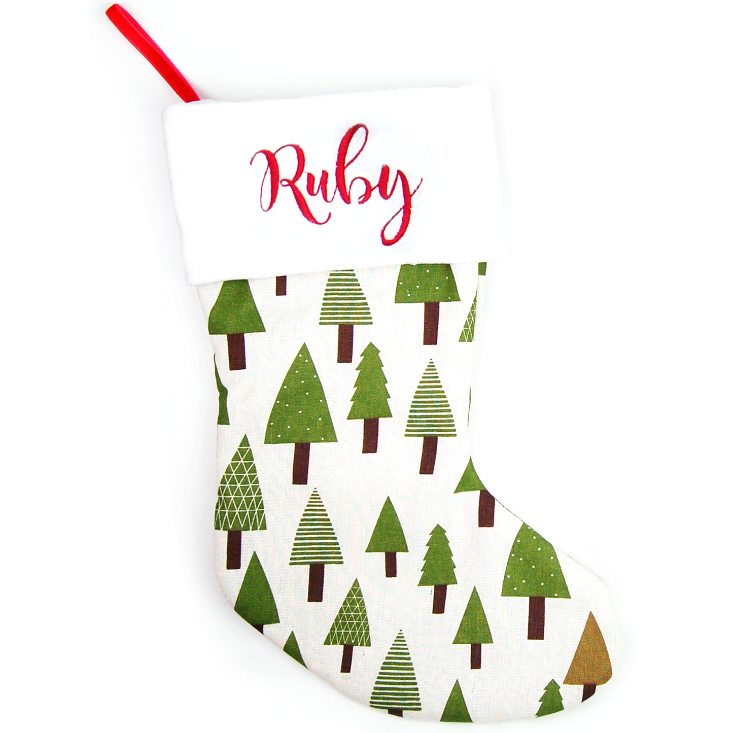 Linen Christmas Stocking Personalized Embroidered Name (Trees)